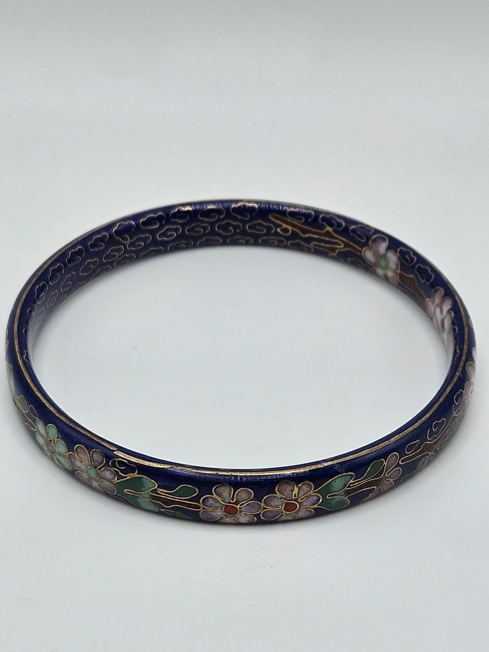 VINTAGE Blue Floral Cloisonne Double Sided Bangle Bracelet
